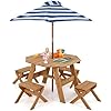 Tavolo da Picnic per Bambini, Set di Tavolo e Panca in Legno con 4 Sedie, Ombrellone Pieghevole e Regolabile in Altezza, per Patio, Giardino e Cortile, per Bambini 3+ Anni (Naturale)