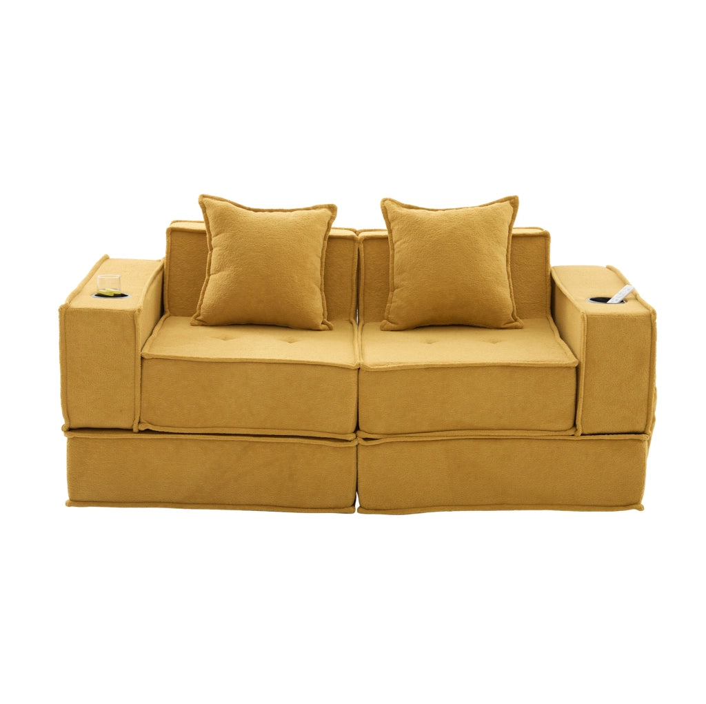 Pouf divano modulare in ciniglia giallo senape 162x78x66 cm con 2 cuscini e tasche laterali