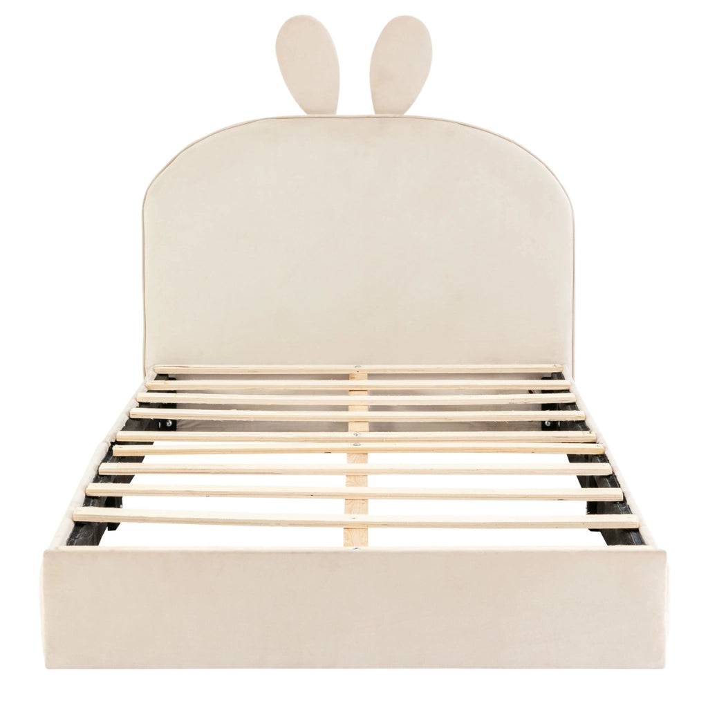 OKWISH Letto Bambini 90×200 cm, Letto Singolo con Testiera Coniglio, Doghe in Legno e Rivestimento, senza Materasso, Beige