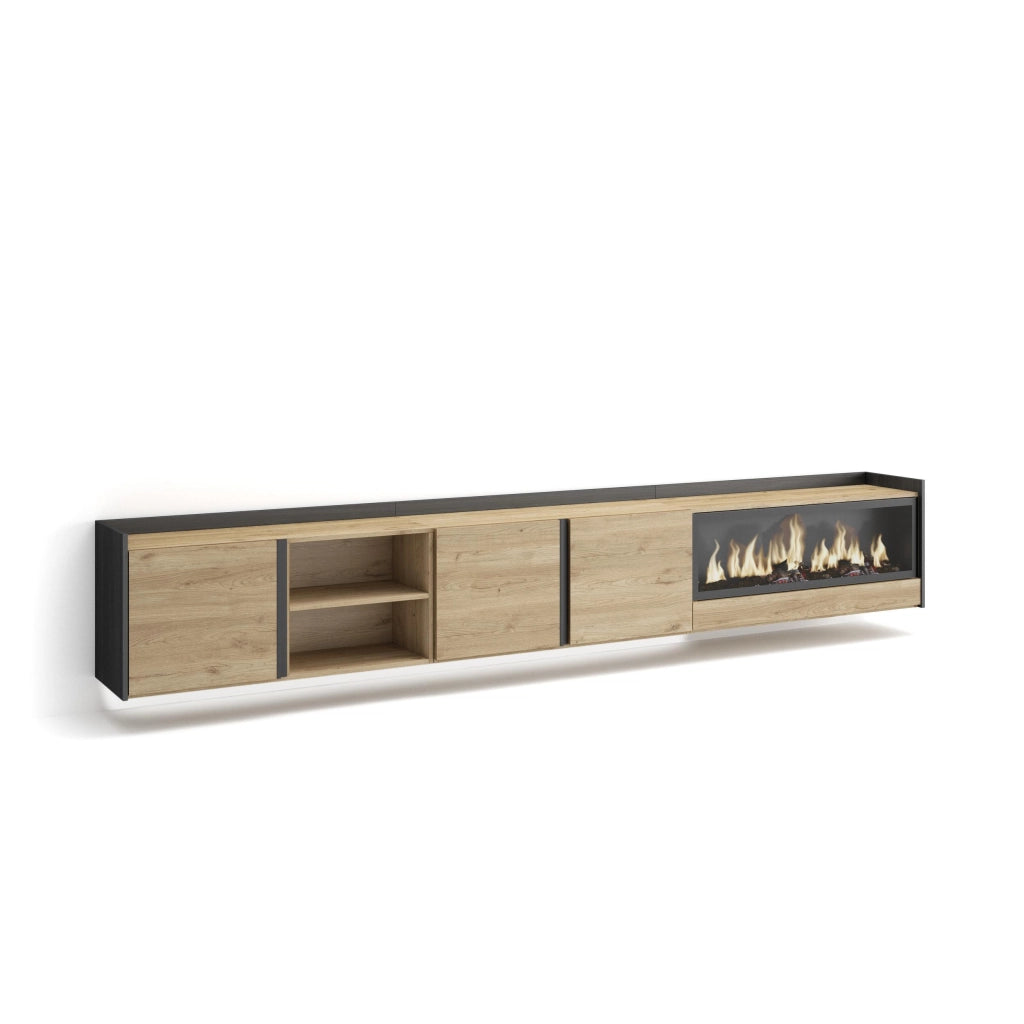 Mobile TV Soggiorno, 315x50x35 cm, Per TV fino a 80", Camino elettrico XXL, Sospeso, da appendere, LED, Rovere e nero