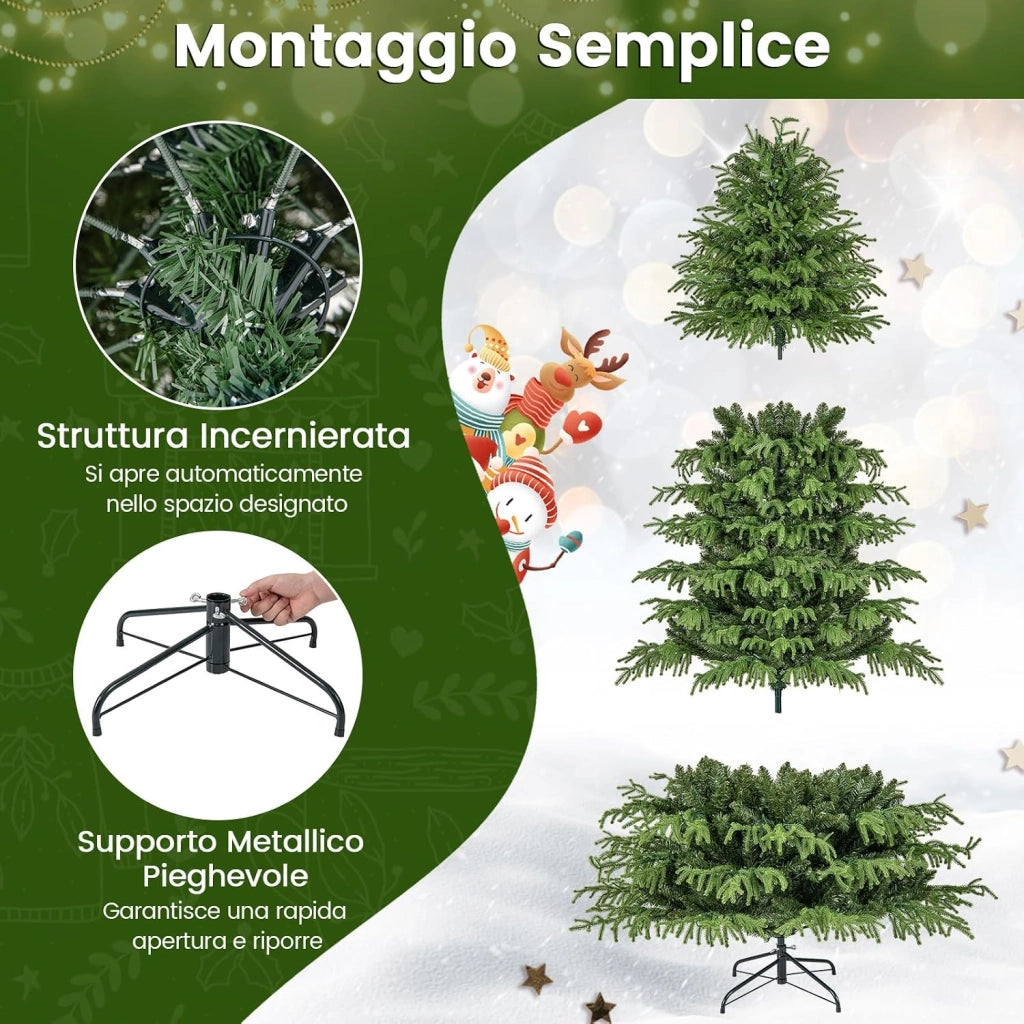 Albero di Natale 210 cm, Albero di Natale Pre-illuminato con 370 Luci LED Bianco Caldo, 1090 Punte di Rami & Base in Metallo Pieghevole, Decorazione Natalizia (210 cm)