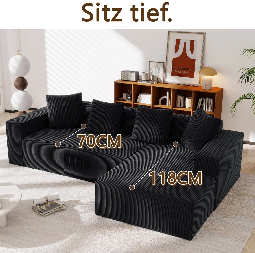 Divano modulare a L con chaise longue 261x146x65 cm in velluto a coste nero con 4 cuscini