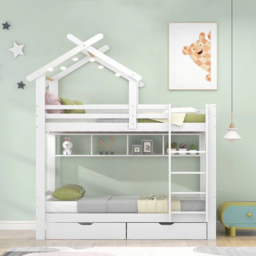 Letto a castello 90 × 200 cm con cassetti, ripiani e scala dritta, senza materasso, in legno, bianco