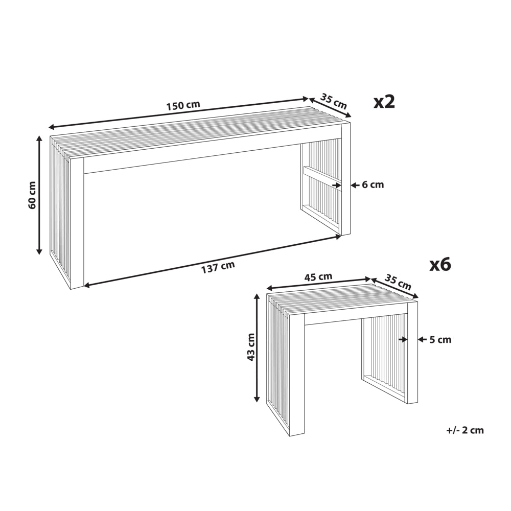 Set da pranzo da giardino 8 pezzi Tavolo rettangolare in legno massiccio di acacia chiaro 6 sgabelli Stile rustico moderno per interni esterni