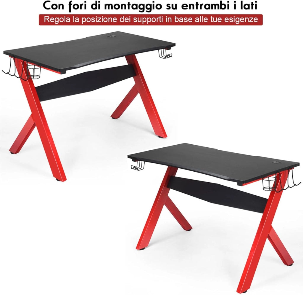 Scrivania da Gaming, Scrivania per Computer con Porta Bicchiere, Tavolo da Gaming con Superficie in Fibra di Carbonio, Capacità di Carico 100 kg, Nero