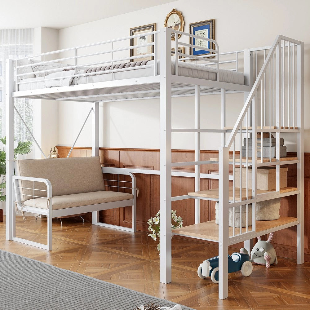 Letto a castello stabile - Zephmum- 90x200 cm - Bianco - Con divano, spazio di archiviazione e scala di sicurezza