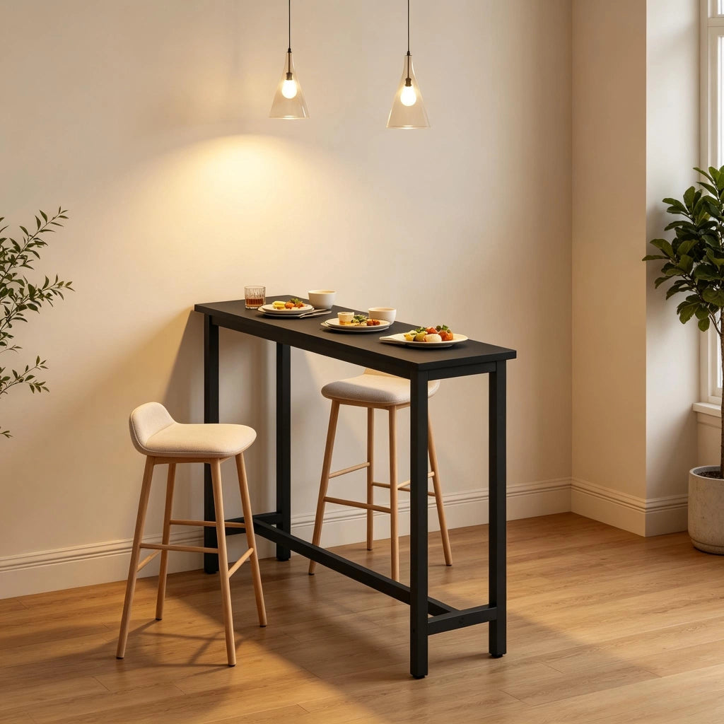 Tavolo da pranzo alto con piano ampio e struttura in metallo; per cucina e bar; in MDF e metallo nero; 140×100×40 cm