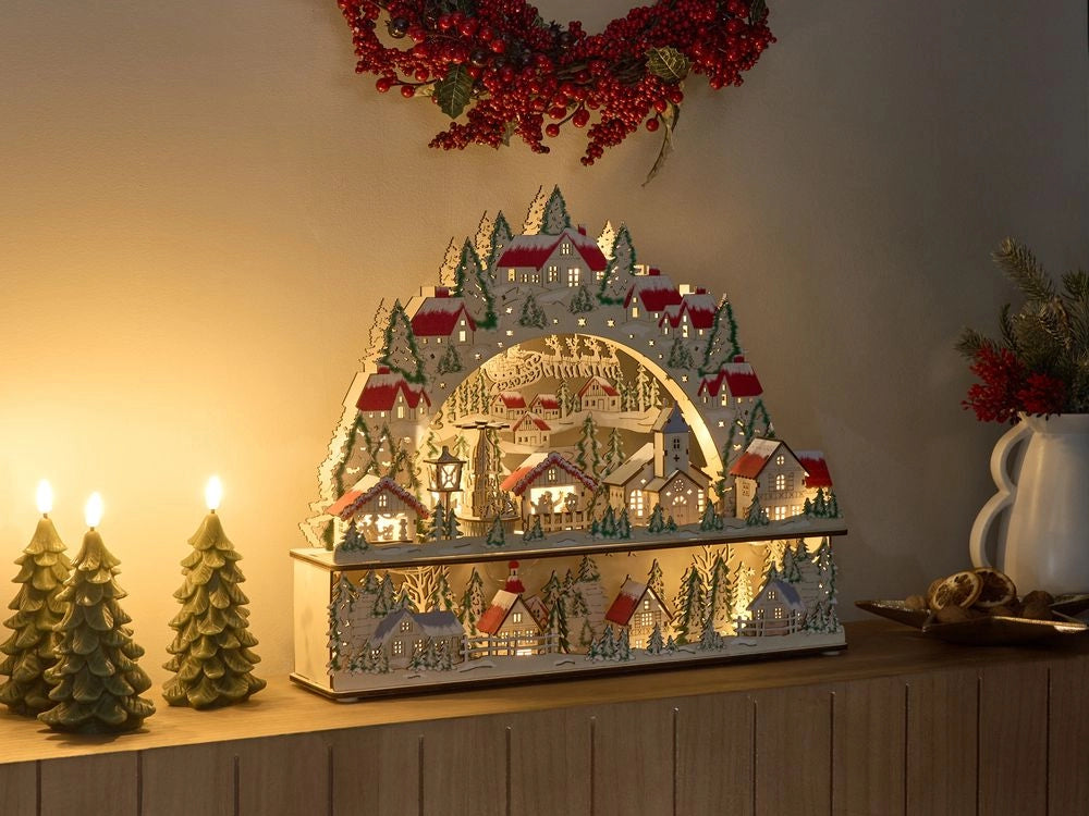 Decorazione natalizia con luce LED Ornamento luminoso in legno marrone a batteria