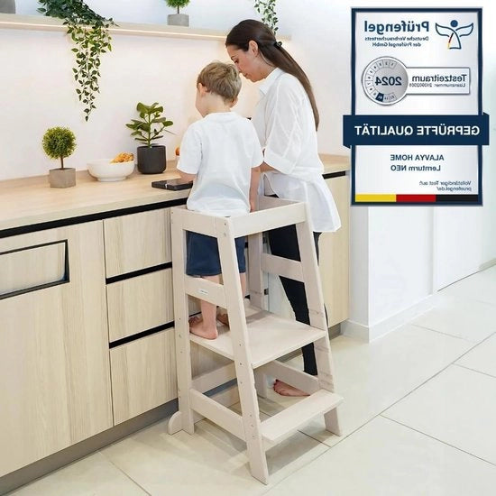 Tavolo di apprendimento per bambini con protezione inclinazione in legno di faggio, regolabile in altezza, carico fino a 70 kg, adatto da 1 anno, beige/grigio.