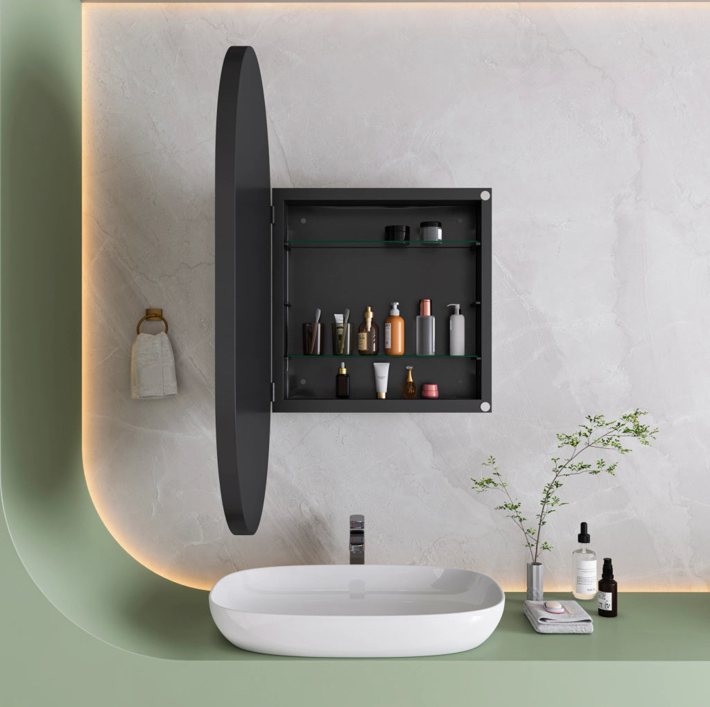 Mobile bagno ovale incassato con specchio, struttura metallica nera e ripiani regolabili