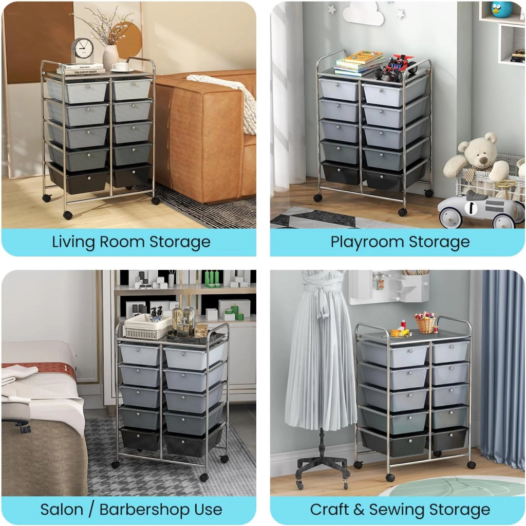 Carrello con 10 cassetti, impilabile, carrello per cassetti, carrello da cucina con ruote bloccabili, carrello per cucina, bagno, ufficio, 65,5 x 37 x 87 cm, grigio chiaro e nero