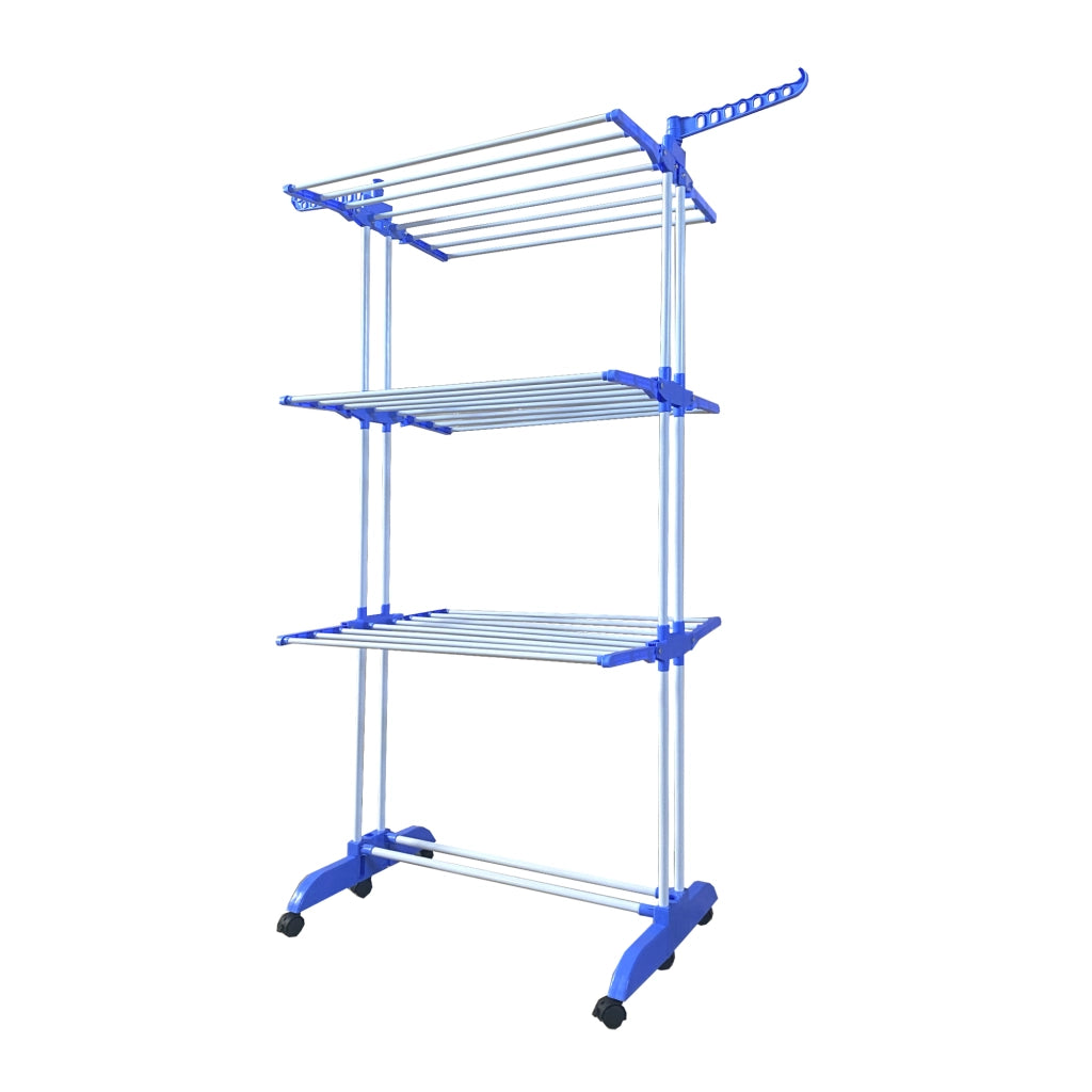 Stendibiancheria XXL Pieghevole Premium Slim Nyana Home | 4 Livelli | Barre in Acciaio | Supporti Laterali per Grucce | Gambe Pieghevoli | 4 Ruote con Freno | Blu