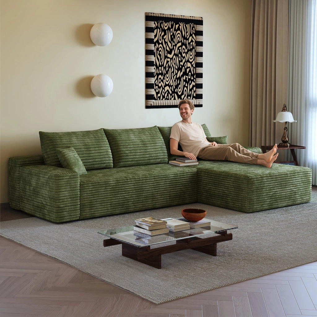 Divano angolare modulare senza montaggio con seduta profonda in tessuto a coste verde 270 × 175 × 83 cm
