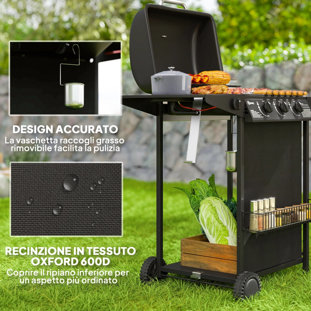 Barbecue a Gas con 4 Bruciatori Indipendenti e Coperchio con Termometro, 108x54x97 cm, Nero