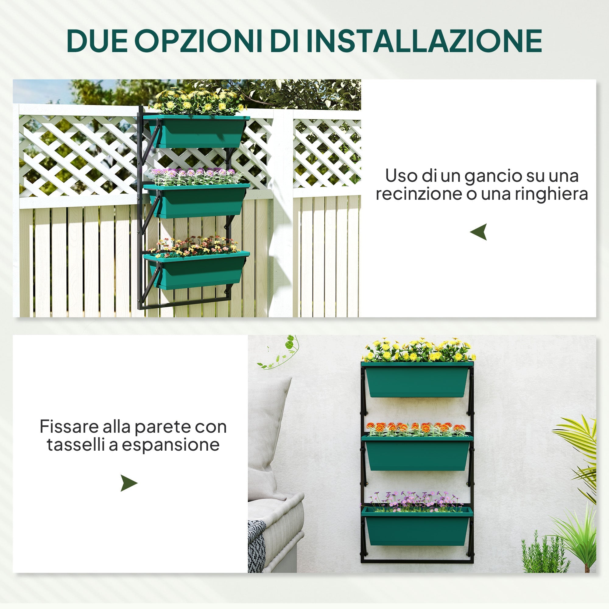 Fioriera da Esterno Verticale 56x42x100 cm 3 Vasi con Fori di Drenaggio in Plastica  Verde