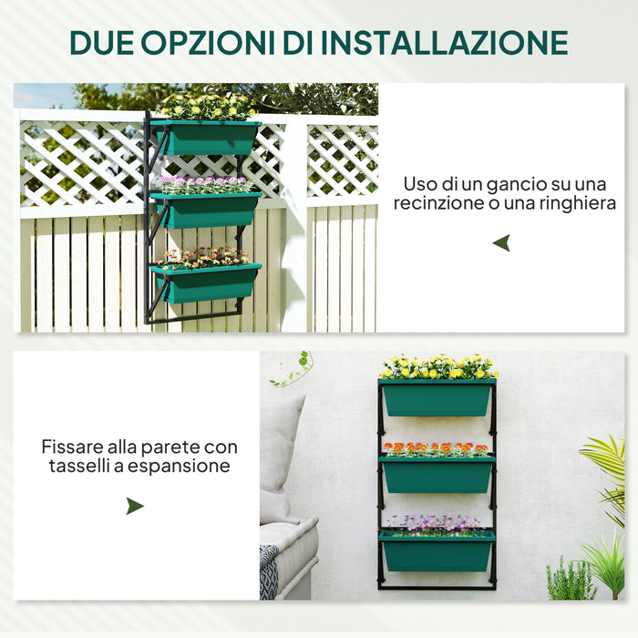 Fioriera da Esterno Verticale 56x42x100 cm 3 Vasi con Fori di Drenaggio in Plastica  Verde
