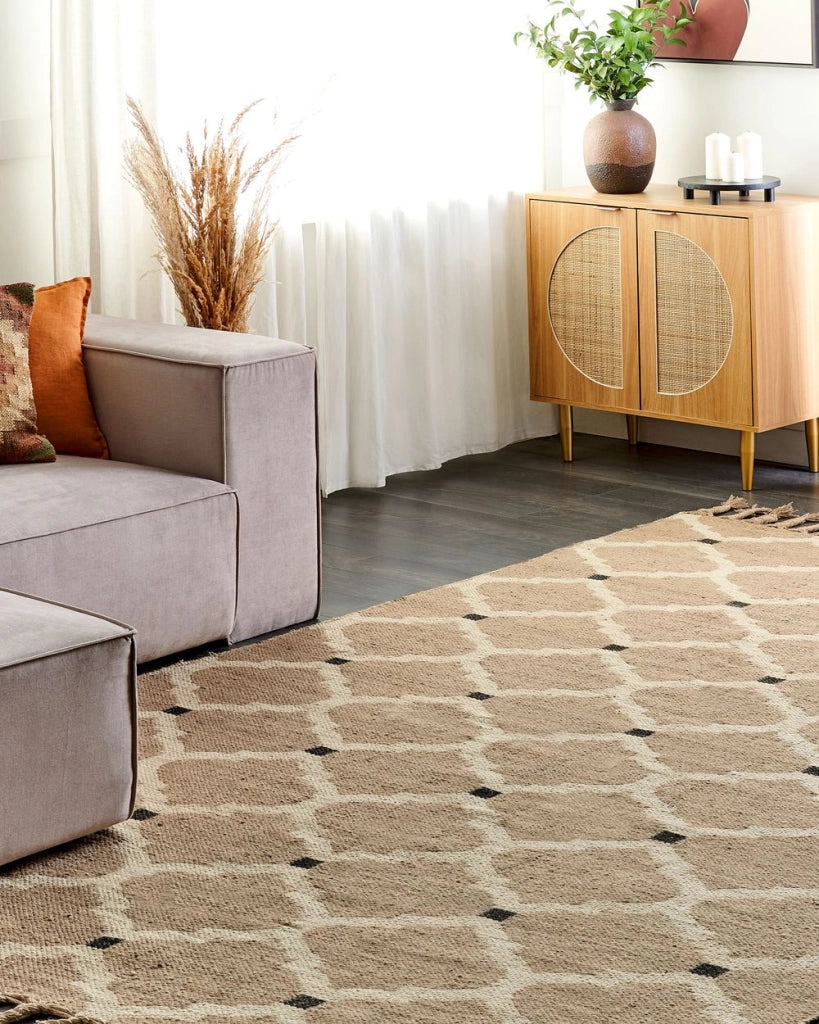 Tappeto di juta intrecciata in cotone naturale beige con nappe a motivo geometrico 200 x 300 cm stile boho camera da letto soggiorno