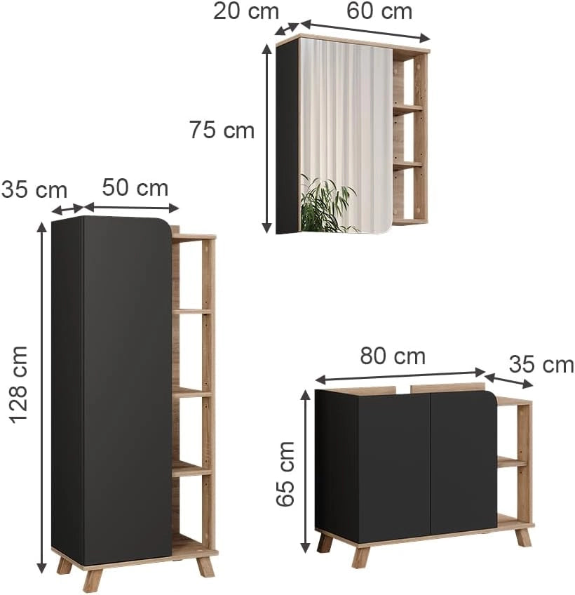 Set di mobili da bagno Karen, Sonoma/antracite, 80 cm, composto da mobile sottolavabo, specchiera e mobile medio