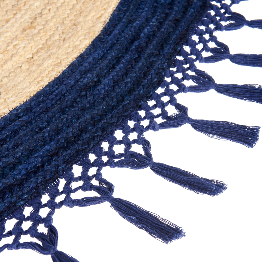 Tappeto Beige e Blu Scuro Rotondo 140 cm Boho Rustico Spirale Intrecciato Fatto a mano Juta Naturale Camera da letto Soggiorno