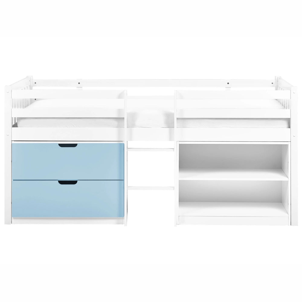 Letto per bambini bianco e blu in legno 90 x 200 cm con rete a doghe, cassetti e ripiani, letto per bambini piccoli