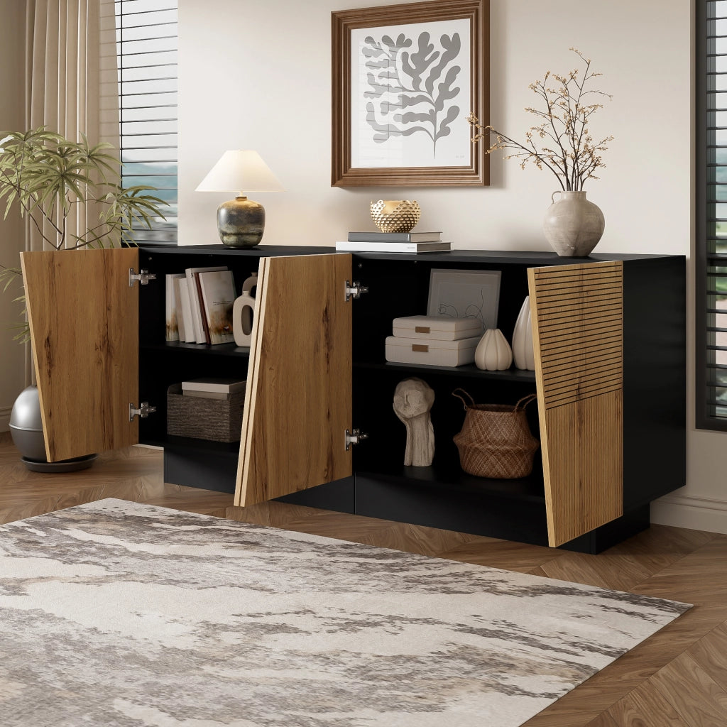 Credenza con 3 Ante e Ripiano Regolabile; Design Geometrico Moderno; in Pannello Truciolare; Nero e Legno; 160??40??72 cm