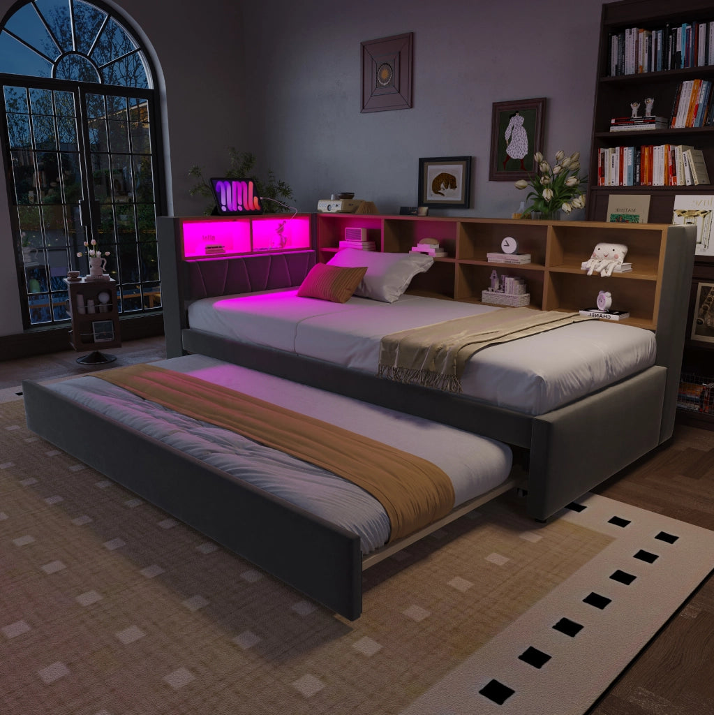 Divano letto estraibile 90x200 cm con LED, prese USB-C e vani, grigio scuro
