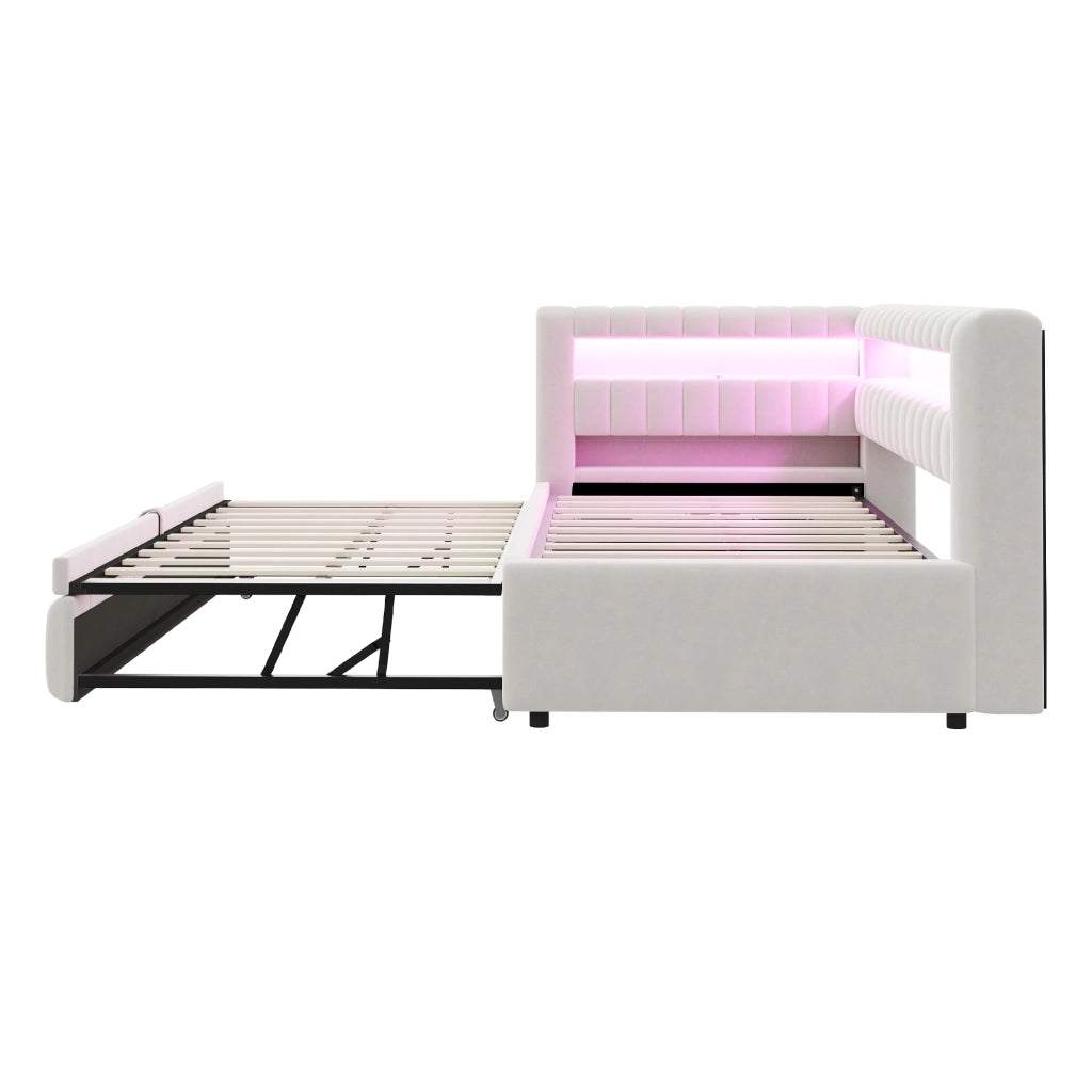 Letto imbottito 90x200 cm con letto estraibile; LED e USB in velluto beige