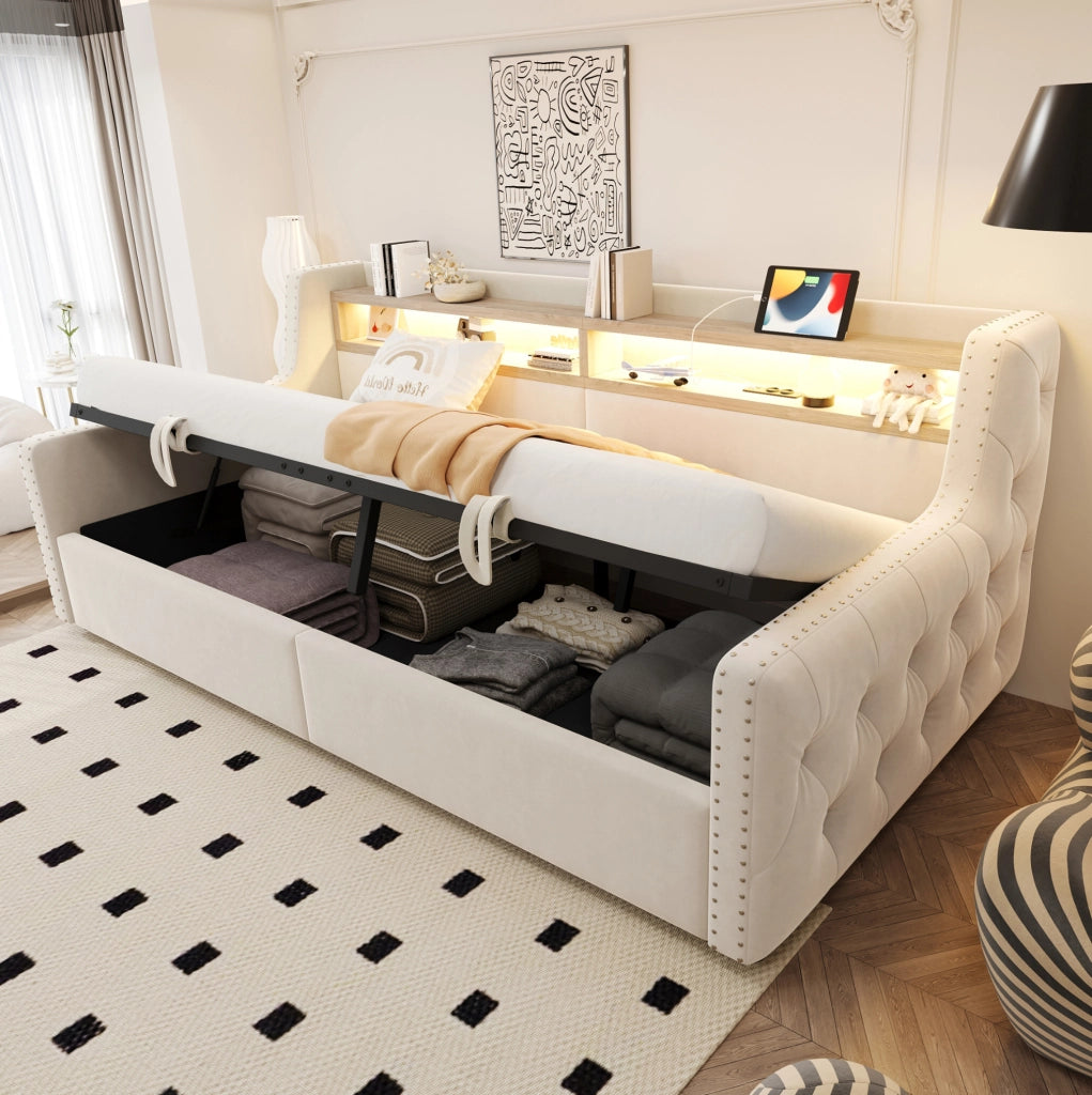 Divano letto 90x200 cm in velluto beige con contenitore; LED; presa e porta USB/Type-C