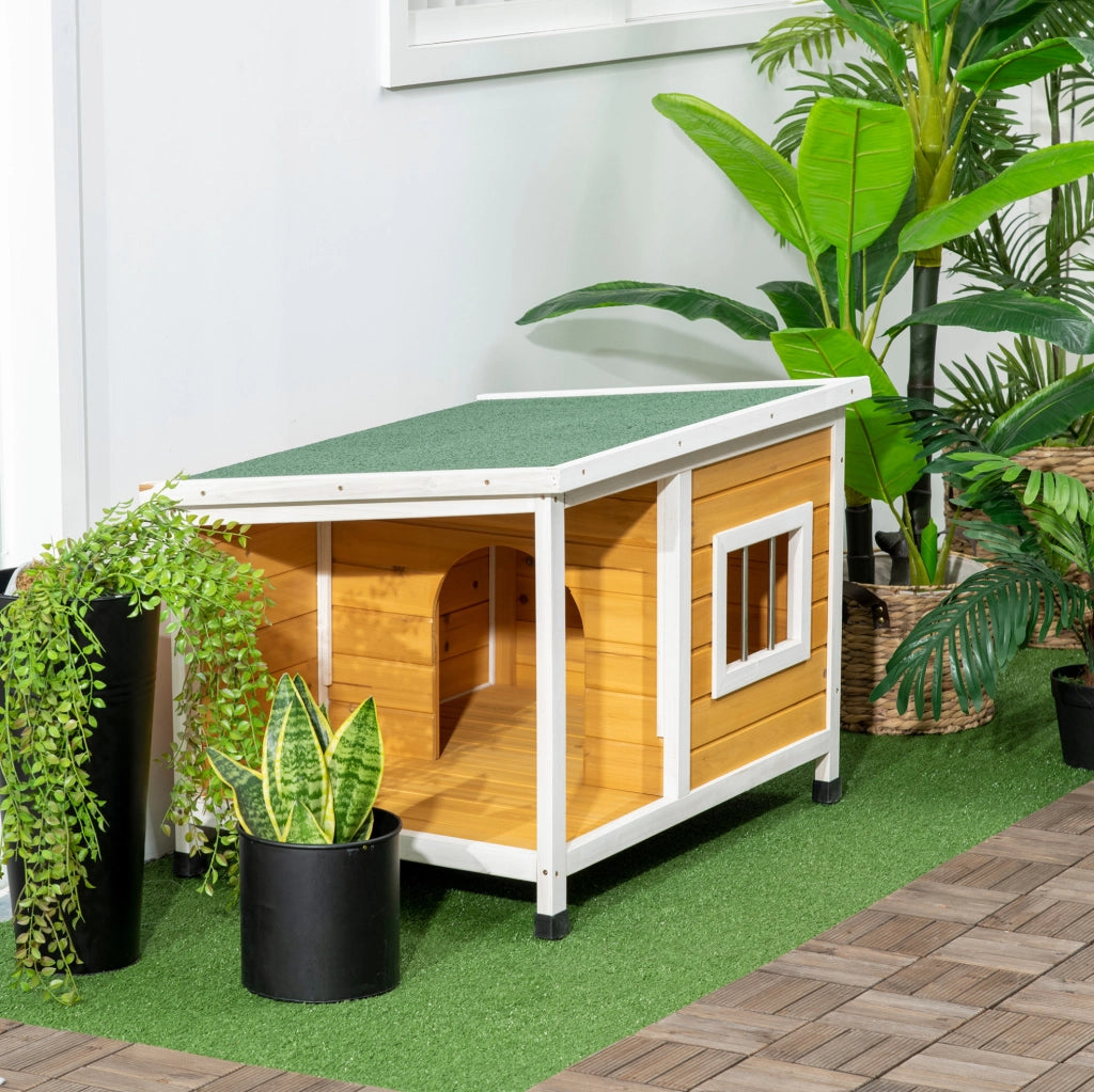Cuccia per cani in legno con veranda e tetto apribile