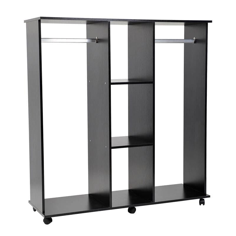 ARMADIO GUARDAROBA A 5 RIPIANI CON RUOTE E BARRE APPENDIABITI 120X40X128CM NERO