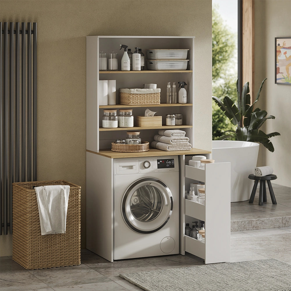 Armadio per lavatrice Viktor Bianco/Rovere artigianale 93.6 x 88.2 cm 2 parti con ripiano Vicco