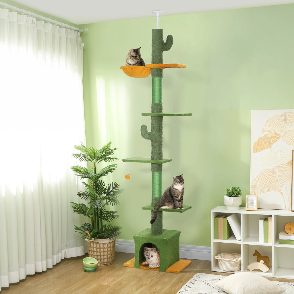 Tiragraffi per gatti da soffitto regolabile 230-275 cm con cuccia, amache, piattaforme e dispositivo anti-ribaltamento, verde