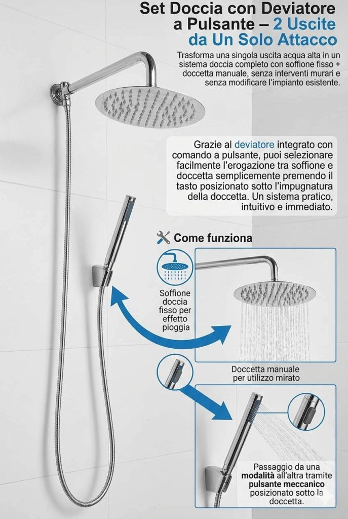Set Doccia con Deviatore a Pulsante – 2 Uscite da Un Solo Attacco