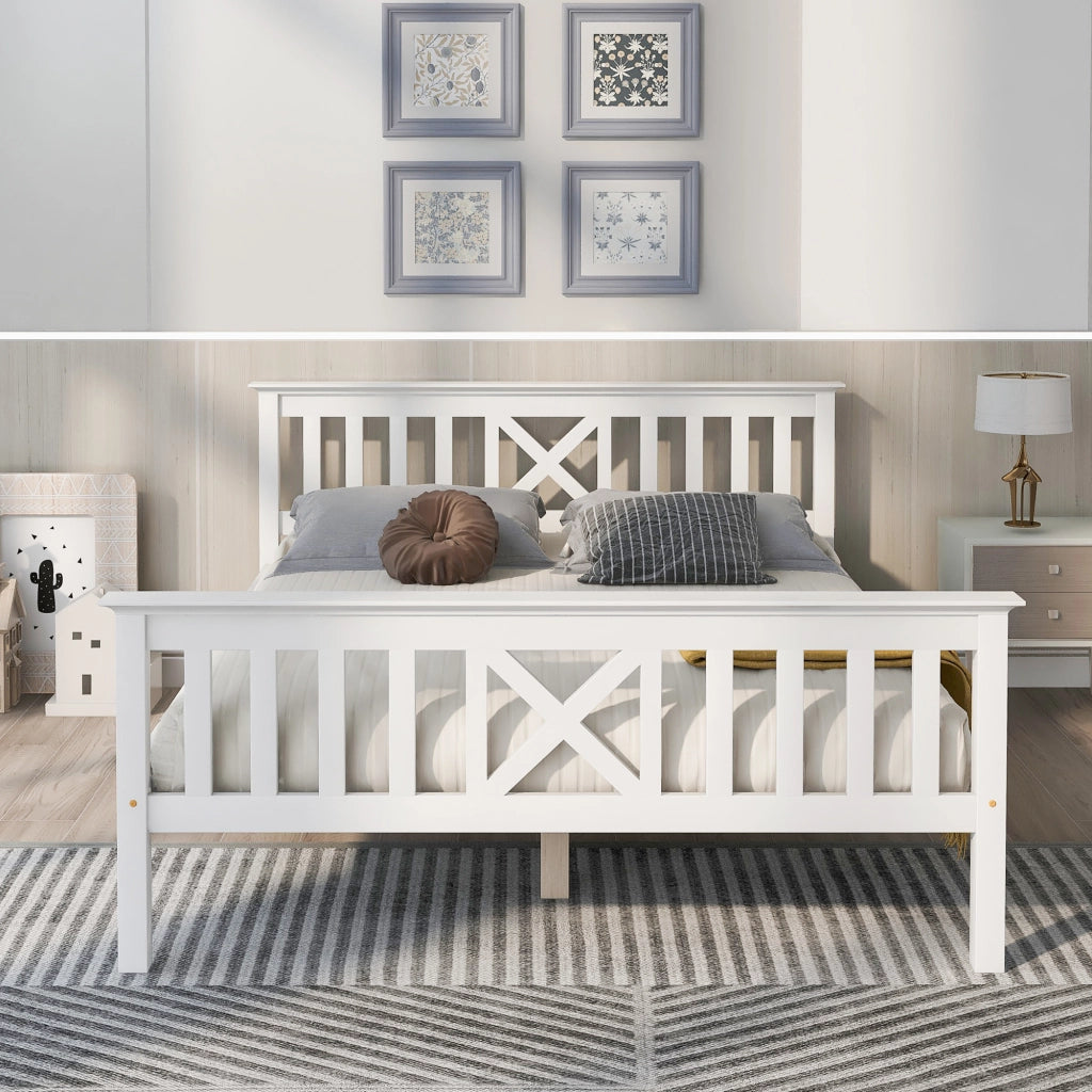 Letto Matrimoniale 140 x 200 cm con Testiera a X e Doghe Integrate; senza Materasso; in Legno Massello; Bianco