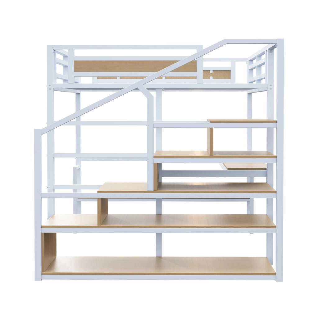 Letto a Soppalco 2 Posti con Scala Contenitore e Scrivania 140×200 cm; senza Materasso; Bianco