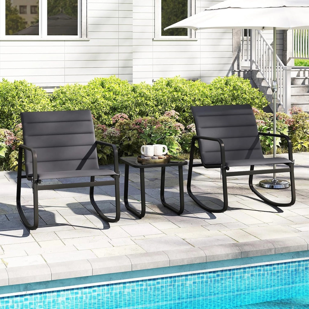 Set Tavolino e Sedie da Giardino con Cuscino, Set di Mobili a Dondolo, Set Bistrò 3 Pezzi, Tavolino in Vetro Temperato, Sedie in Textilene, per Giardino Cortile Piscina (Modello 2)