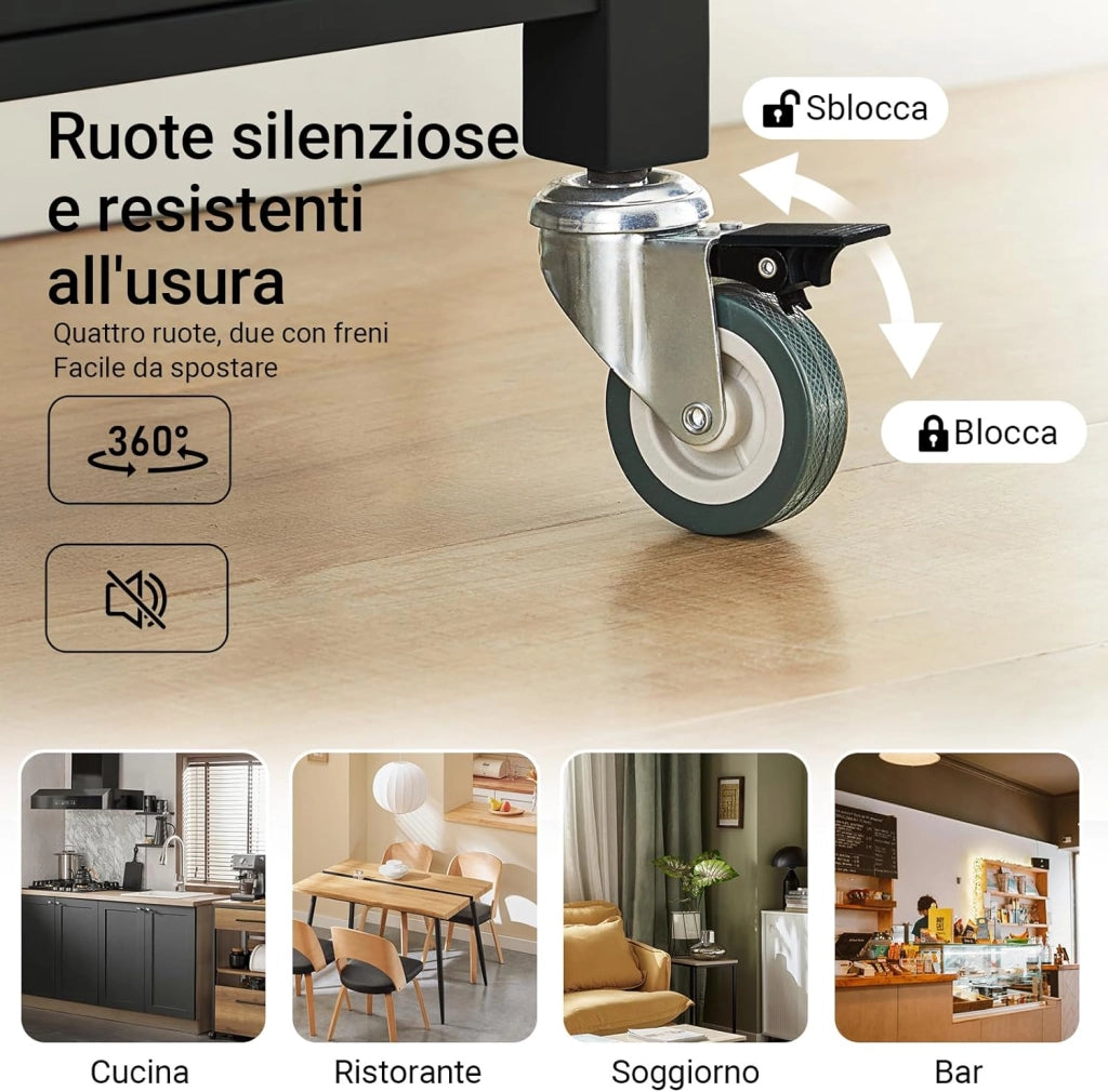 Carrello cucina salvaspazio con piano di lavoro – Mobile cucina con ruote, ideale come mobiletto cucina, credenza compatta o mobile microonde – Disponibile in Nero 60x92x45cm FKW22-SCH
