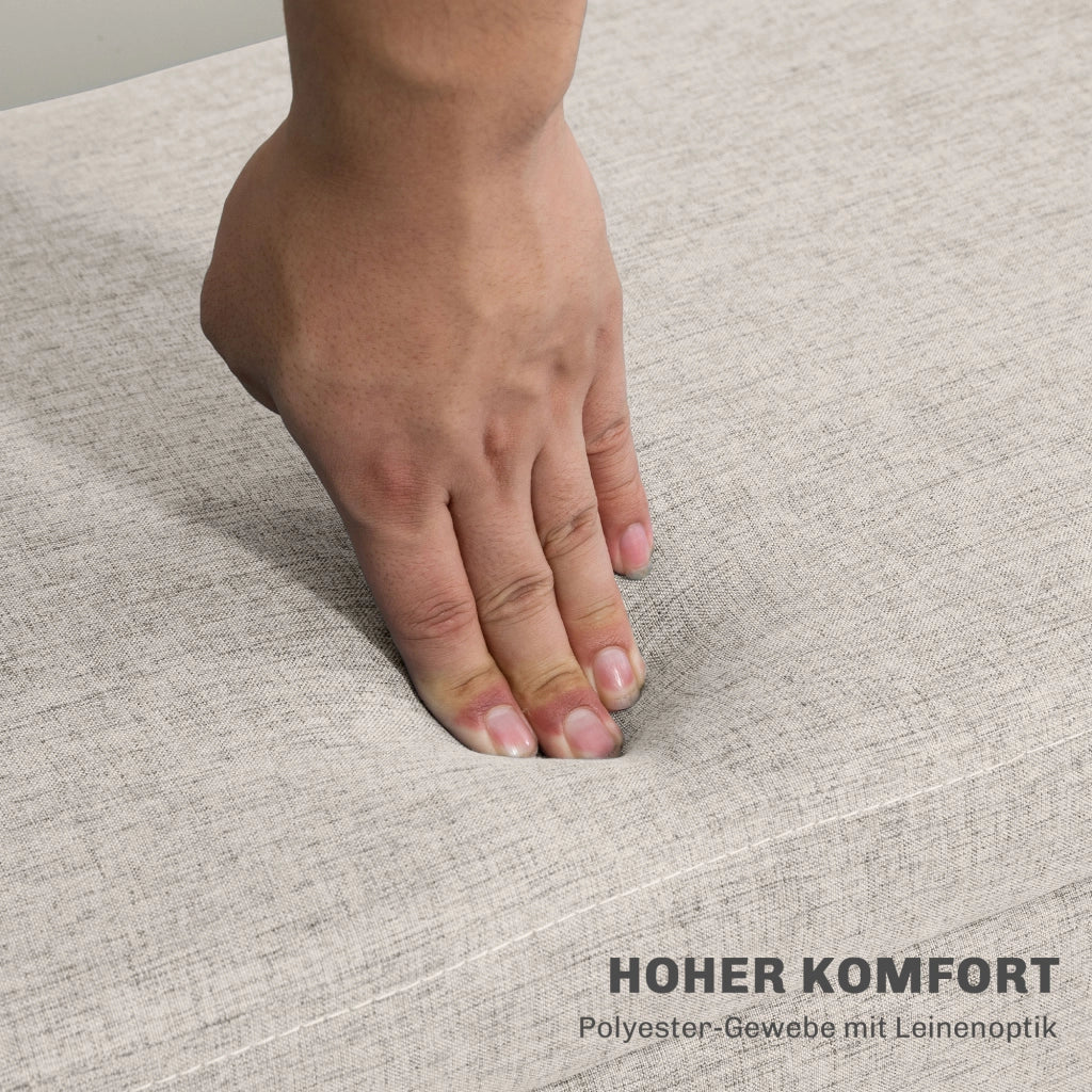 Panca contenitore imbottita scandinava con seduta ribaltabile e vano portaoggetti, in tessuto effetto lino beige