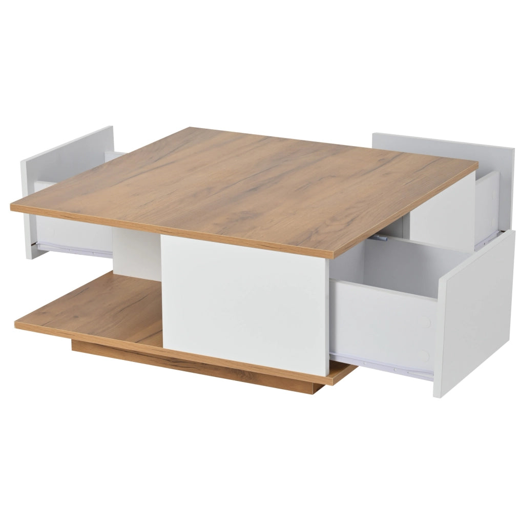 Tavolino da caffè quadrato 70 x 70 x 31;5 cm con 3 cassetti; bianco e legno