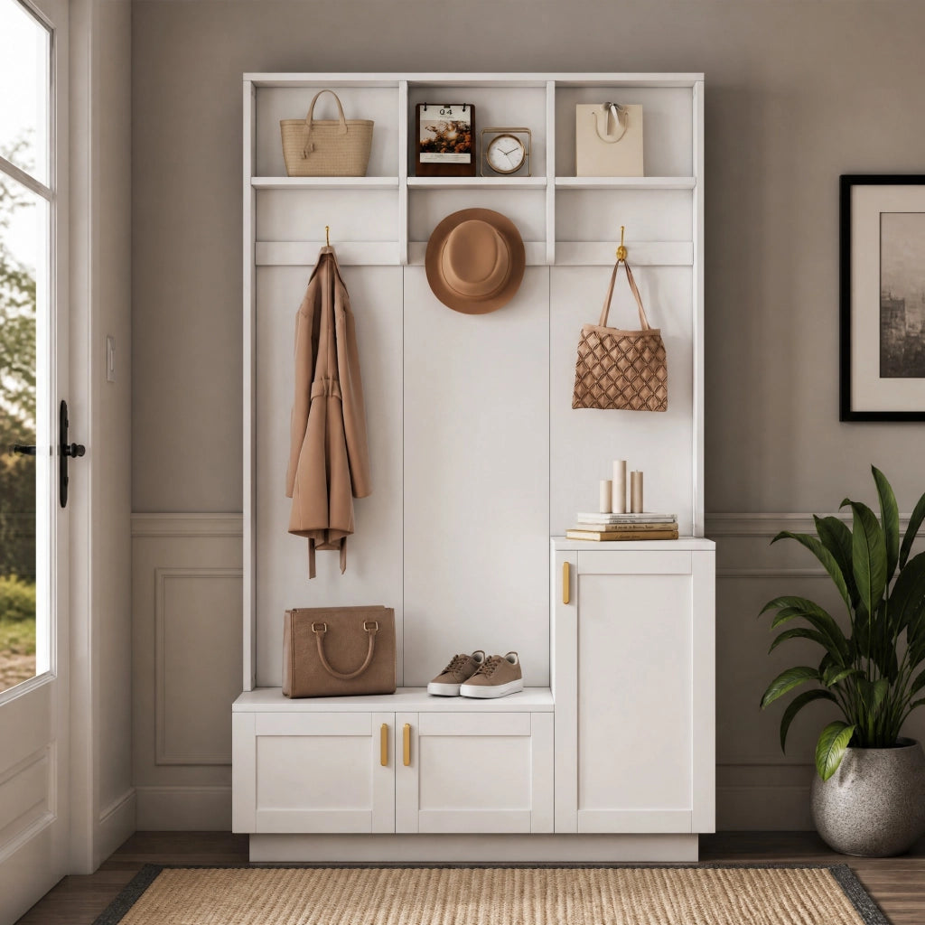 Mobile da ingresso con panca e scarpiera 3 ganci ripiano regolabile 120 × 40 × 200 cm in truciolato bianco