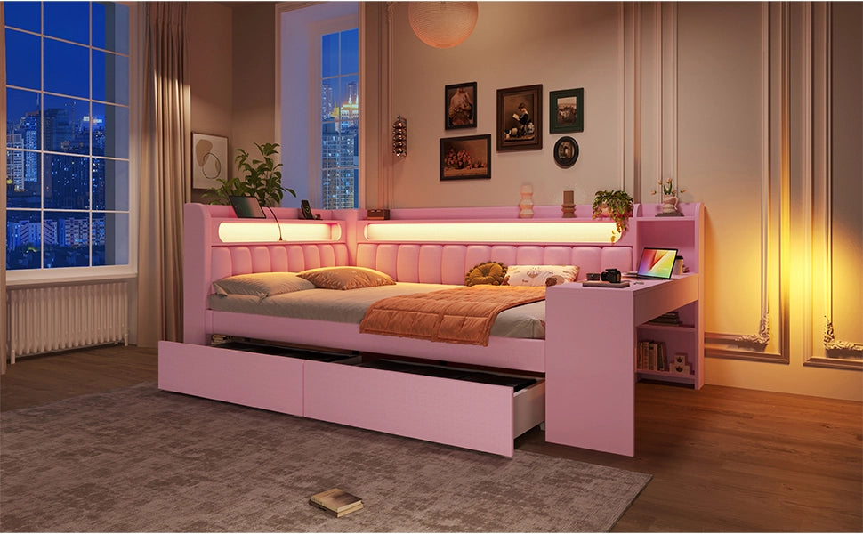 Divano letto 140x200 rosa imbottito con scrivania, luci LED, porte USB e cassetti