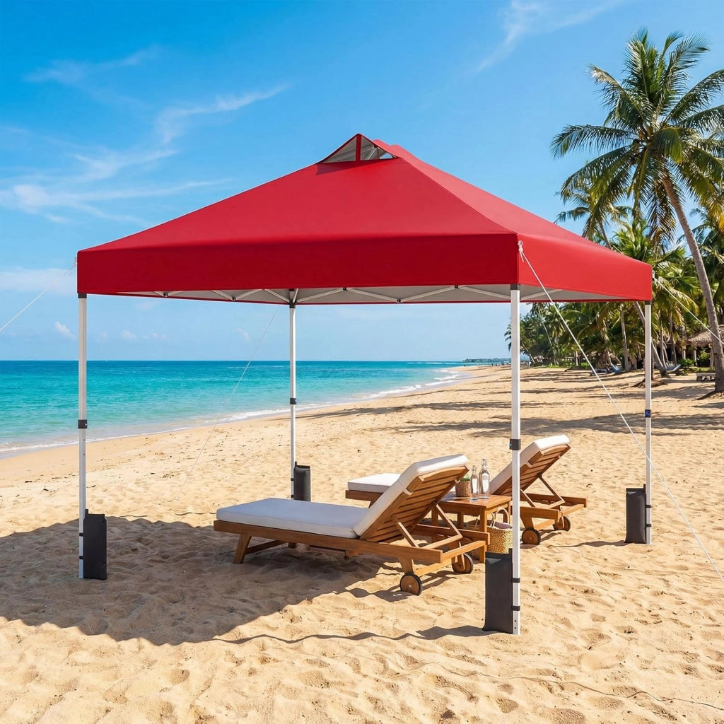 Gazebo Pieghevole Pop-up da 3 x 3 m, Gazebo da Giardino Impermeabile con Blocco Centrale, Borsa da Trasporto, Sacchi di Sabbia e Picchetti, Regolabile in Altezza (Rosso)