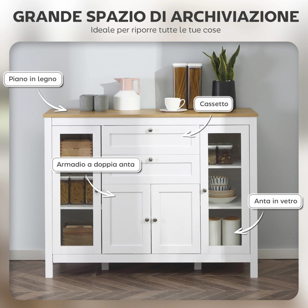 Mobile Cucina con 2 Cassetti e 3 Armadietti. Ante in Vetro e Ripiani Regolabili. 120x40x90 cm. Bianco e Rovere
