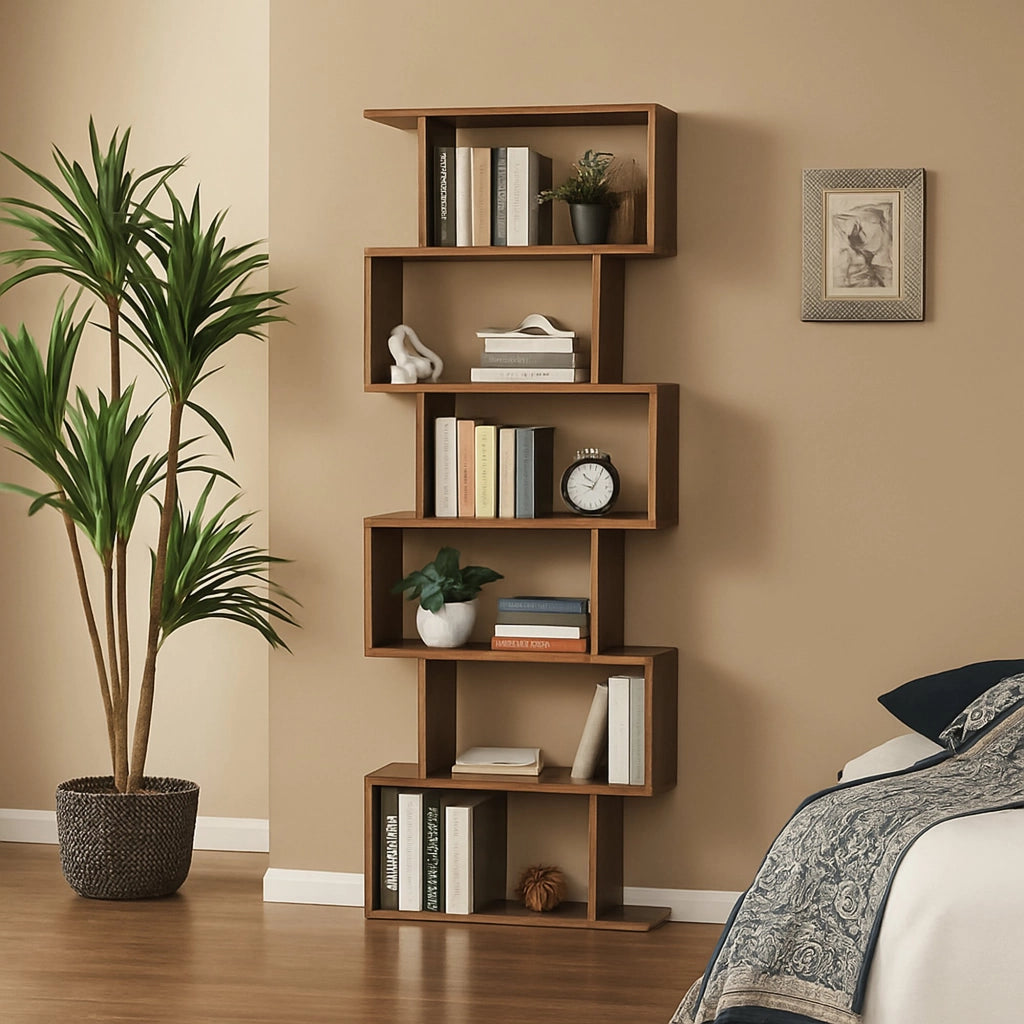 Libreria alta bifacciale a 6 Alowha, Made in Italy, Scaffale per libri e documenti, Libreria a zig zag da ufficio, cm 80x25h192, Acero