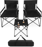 Set di 3 Sedie da Campeggio Pieghevoli, Sedia da Giardino Portatile e Tavolino con 2 Portabicchieri, Tasche Portaoggetti, per Pesca, Escursioni, Picnic