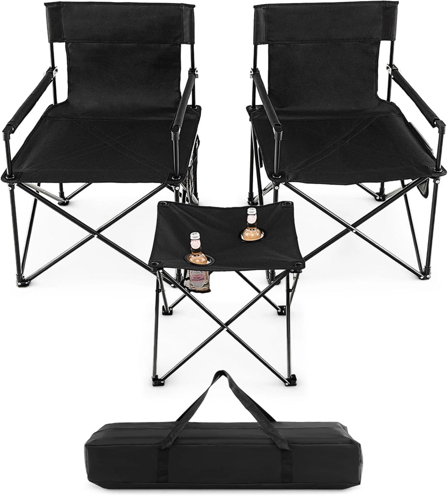 Set di 3 Sedie da Campeggio Pieghevoli, Sedia da Giardino Portatile e Tavolino con 2 Portabicchieri, Tasche Portaoggetti, per Pesca, Escursioni, Picnic