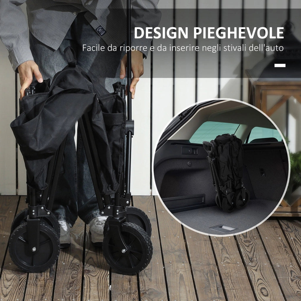 Carrello da Giardino 90x48x62 cm da 120L Pieghevole in Acciaio e Poliestere Nero