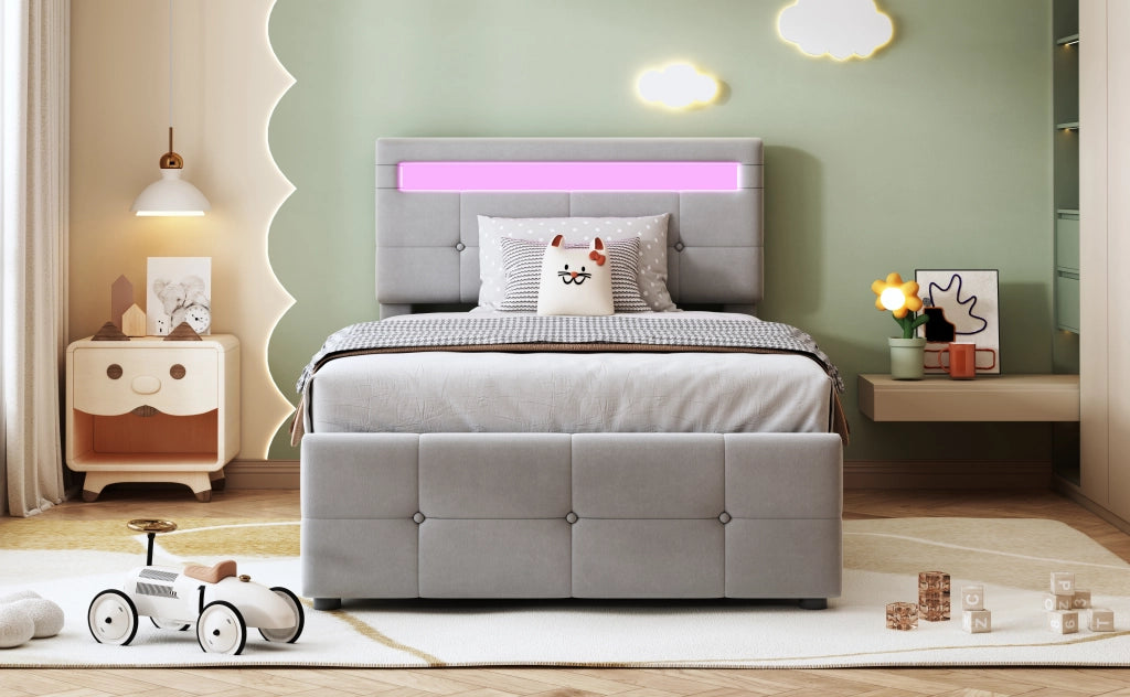 Letto bambino – 90x200 cm – LED contenitore idraulico testiera regolabile – velluto grigio