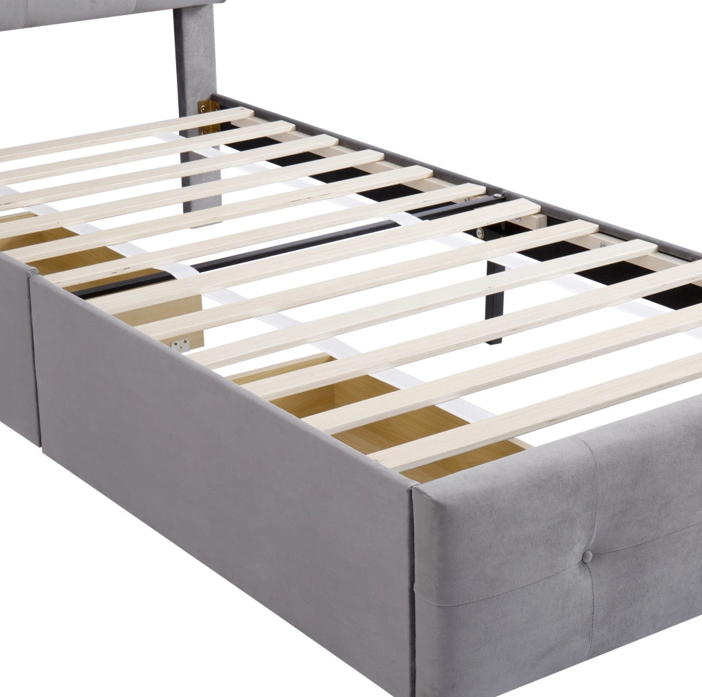 Letto imbottito classico 90x200 cm in velluto grigio con testiera e cassetto contenitore
