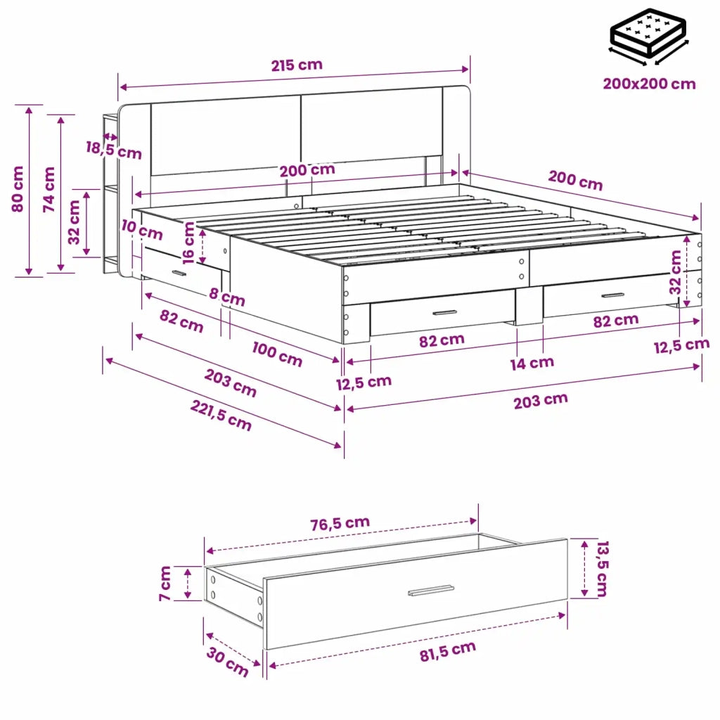 Telaio del letto con storage Grigio Cemento 200 x 200 cm